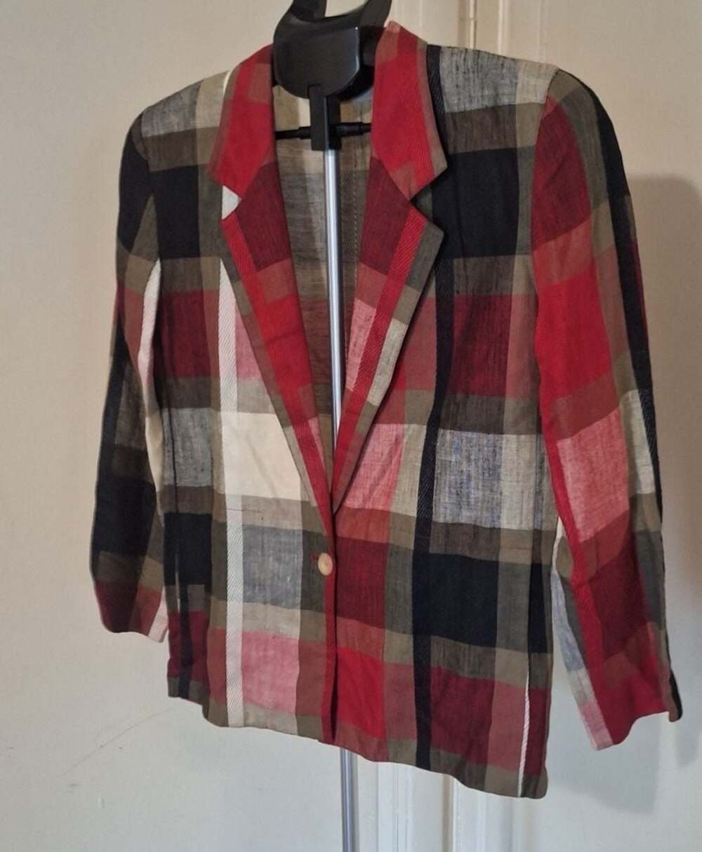 Vintage Prophecy Women's Linen Blend Plaid Single Button Blazer Jacket